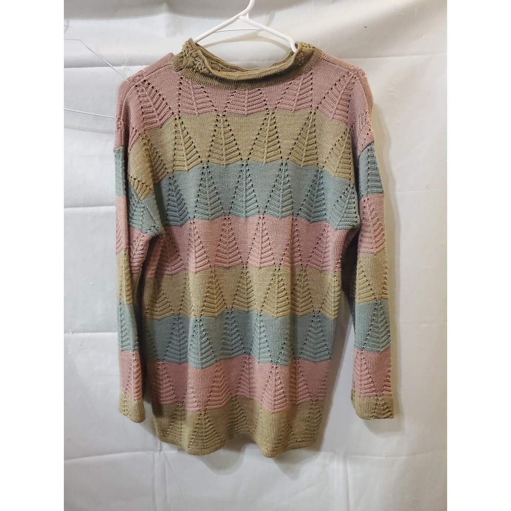 Pink Lady Casual‎ Wear Vtg Knitted Sweater Sz M Pink Beige Blue Mock Neck